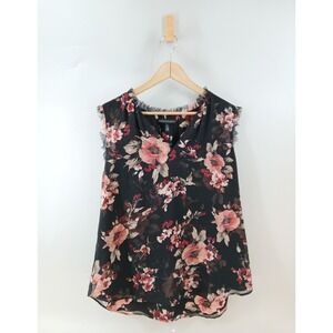 White House Black Market Black Floral Blouse Women XL V-Neck Chiffon Ruffle Trim